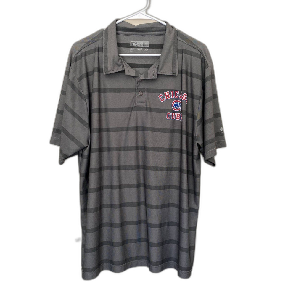 True Fan‎ MLB Chicago Cubs Baseball Polo Shirt Gray Striped Sporty Mens Size XL